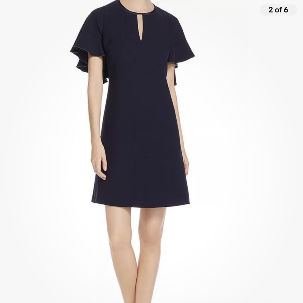 NWT Elie Tahari Theodore Dress 6 Navy Blue Keyhole Wear to Work Flutter Sleeve